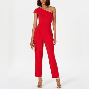 Vince Camuto One-Shoulder Jumpsuit Red Pleated Waistline Size 14